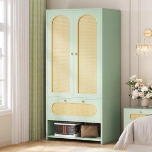 70" Tall Green Rattan Armoire with Drawers