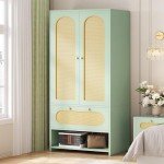 70" Tall Green Rattan Armoire with Drawers