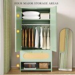 70" Tall Green Rattan Armoire with Drawers