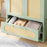 70" Tall Green Rattan Armoire with Drawers