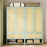 70" Tall Green Rattan Armoire with Drawers