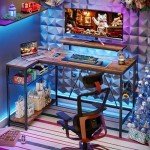 Corner L-Shaped Desk with Power Outlets & LED Lights