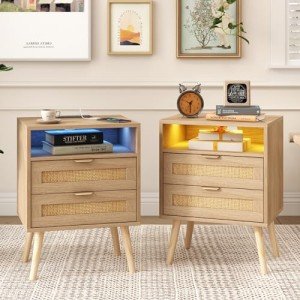 Rattan Nightstands Set with Charging Station & LED