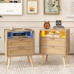 Rattan Nightstands Set with Charging Station & LED