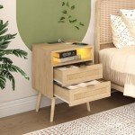 Rattan Nightstands Set with Charging Station & LED