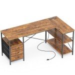 L-Shaped Rustic Brown Desk with Power Outlets