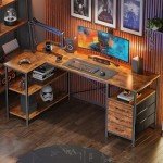 L-Shaped Rustic Brown Desk with Power Outlets