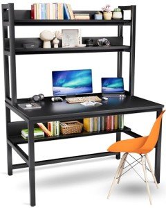 Black Computer Desk with Hutch and Storage Shelves