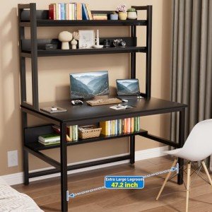 Black Computer Desk with Hutch and Storage Shelves