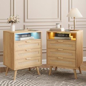Halitaa Rattan Nightstand with USB Port & Storage