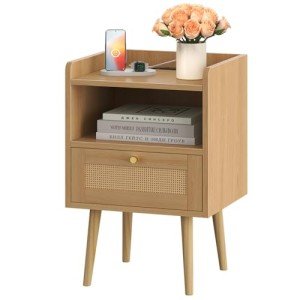 Rattan Nightstand with Charging Station – Mid Century Style