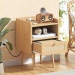 Rattan Nightstand with Charging Station – Mid Century Style