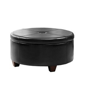 Large Tufted Black Faux Leather Storage Ottoman