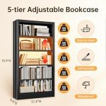 Adjustable 5-Tier Metal Bookcase with Book Stopper