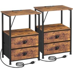 Rustic Brown Nightstand Set with Charging Station