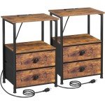 Rustic Brown Nightstand Set with Charging Station