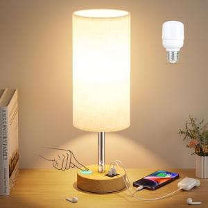 Dimmable Wood Bedside Table Lamp with USB Charging