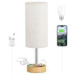 Dimmable Wood Bedside Table Lamp with USB Charging