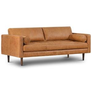 Cognac Tan Leather Mid Century Sofa with Bolsters