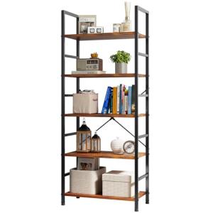 Tall 5-Tier Industrial Bookshelf in Rust Brown