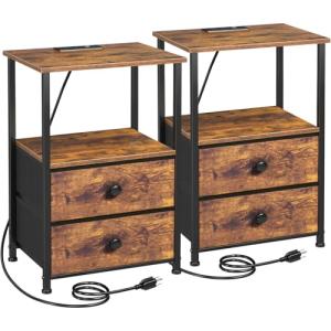 Rustic Brown Nightstand Set with Charging Station