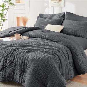 Queen Seersucker Comforter Set - 7 Pieces, Dark Grey
