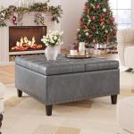 Tufted Grey Leather Square Ottoman with Storage