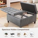 Tufted Grey Leather Square Ottoman with Storage