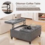 Tufted Grey Leather Square Ottoman with Storage