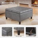 Tufted Grey Leather Square Ottoman with Storage
