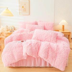 Pink Fluffy Faux Fur Comforter Set – Queen