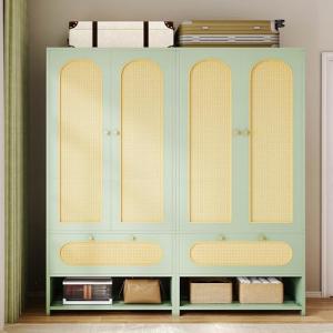 70" Tall Green Rattan Armoire with Drawers