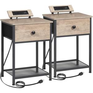 Set of 2 Slim Nightstands with Charging Station