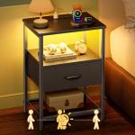 Black Nightstand with LED Light and Charging Station
