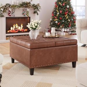 Brown Square Leather Ottoman with Hidden Storage