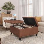 Brown Square Leather Ottoman with Hidden Storage