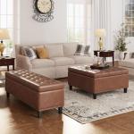 Brown Square Leather Ottoman with Hidden Storage