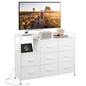 White Dresser TV Stand with Charging Station and 8 Drawers