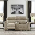 Beige Power Reclining Loveseat with Console & Headrest