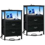 2-Pack Black Nightstands with Charging Station & LED Lights