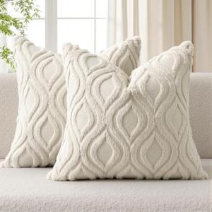Beige Plush Throw Pillow Covers Set of 2