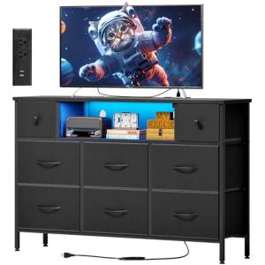 Stylish Black Dresser with LED Lights and Outlets