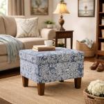 Blue Denim Jacobean Modern Storage Ottoman