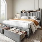 Grey Queen Bed Frame with Storage and Headboard