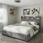 Grey Queen Bed Frame with Storage and Headboard