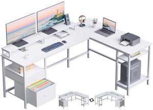 White 66" L-Shaped Desk with Shelves and Drawers