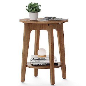 Small Round End Table with Shelf - Rustic Walnut