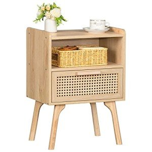 Boho Rattan Nightstand with Drawer and Shelf