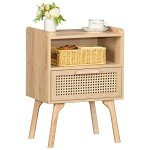 Boho Rattan Nightstand with Drawer and Shelf