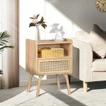 Boho Rattan Nightstand with Drawer and Shelf